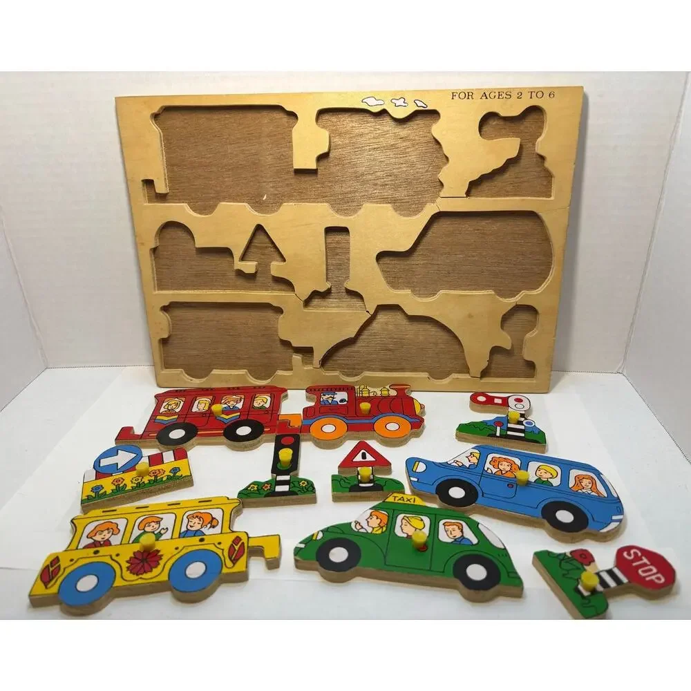 Vintage Children's Wooden Peg Puzzle Transportation Theme Train Taxi.